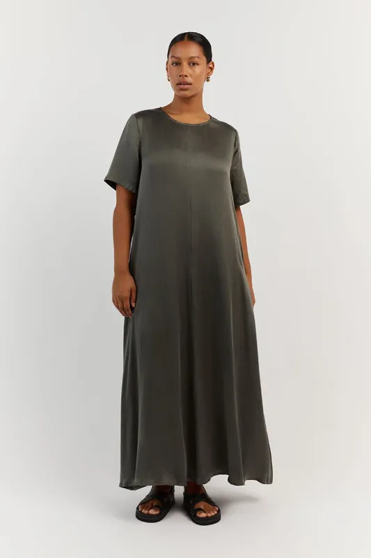 LAYLA DARK OLIVE SILK SHORT SLEEVE DRESS sold by Dissh