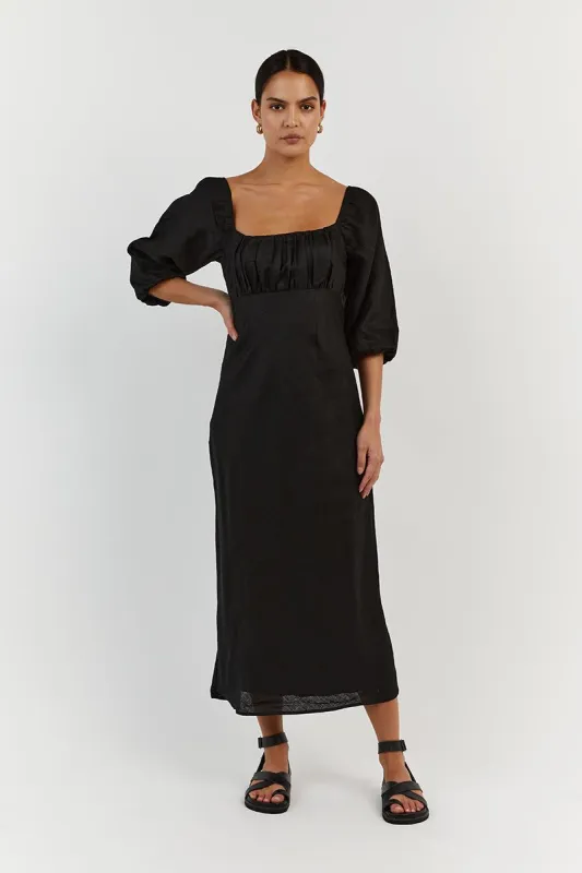LILAH BLACK LINEN MIDI DRESS sold by Dissh