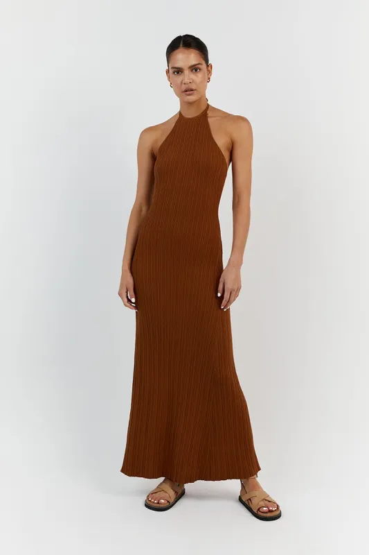 RILEY CARAMEL HIGH NECK KNIT DRESS sold by Dissh