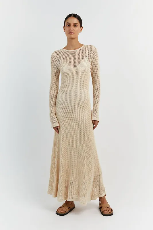 OPHELIA NATURAL LONG SLEEVE CROCHET MAXI DRESS sold by Dissh