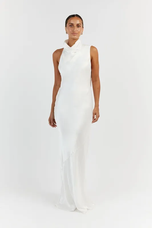 AISLE WHITE SATIN BACKLESS MIDI DRESS sold by Dissh
