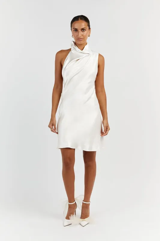AISLE WHITE SATIN BACKLESS MINI DRESS sold by Dissh
