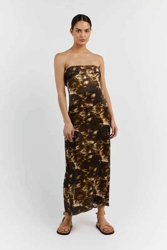 MASON SATIN TIE DYE STRAPLESS DRESS sold by Dissh