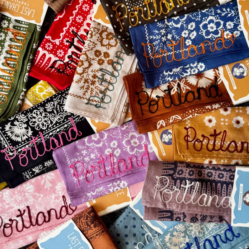 Portland Chainstitch Bandanas made by Last Chance Textiles