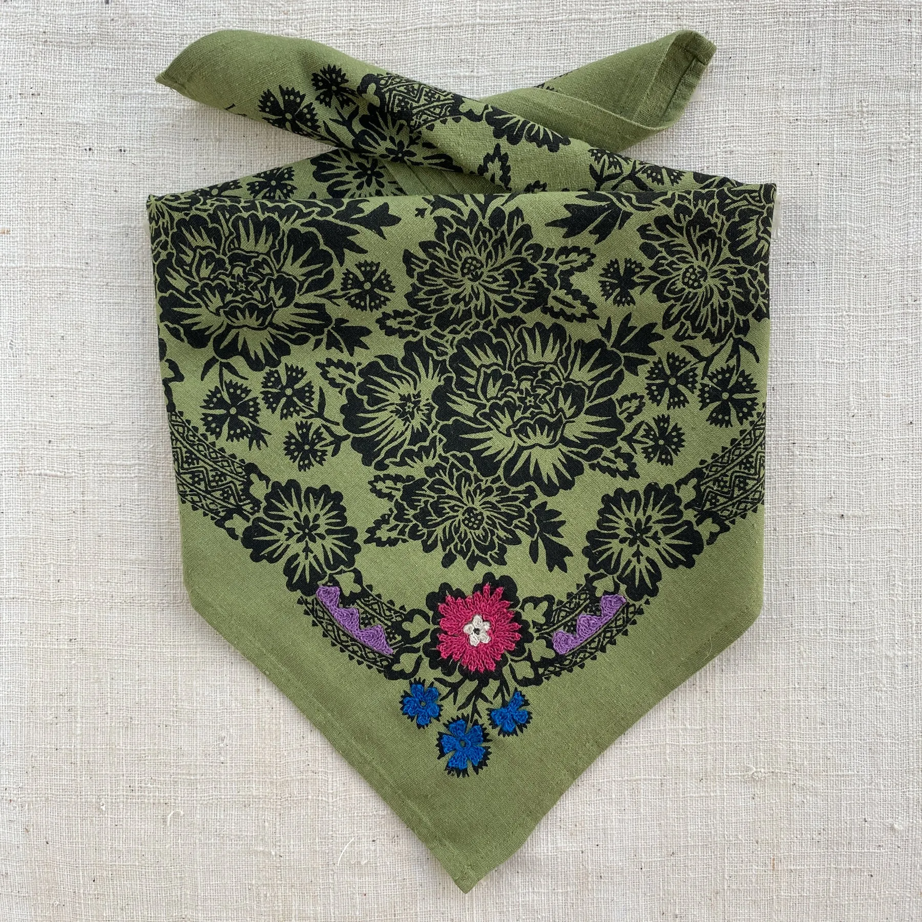 Embroidered Silk Bandana | Blossom - Grass Green sold by Last Chance Textiles product image thumbnail 3