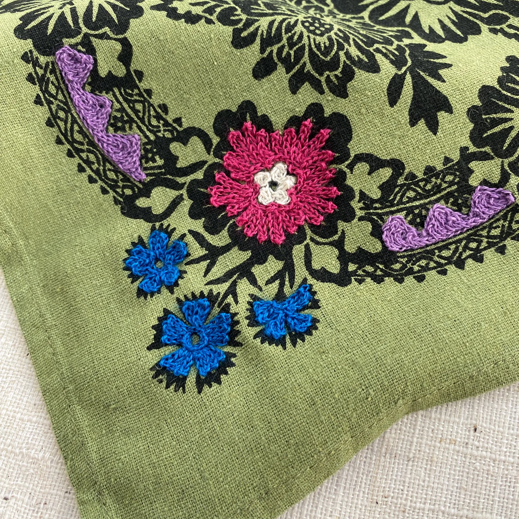 Embroidered Silk Bandana | Blossom - Grass Green sold by Last Chance Textiles product image thumbnail 4
