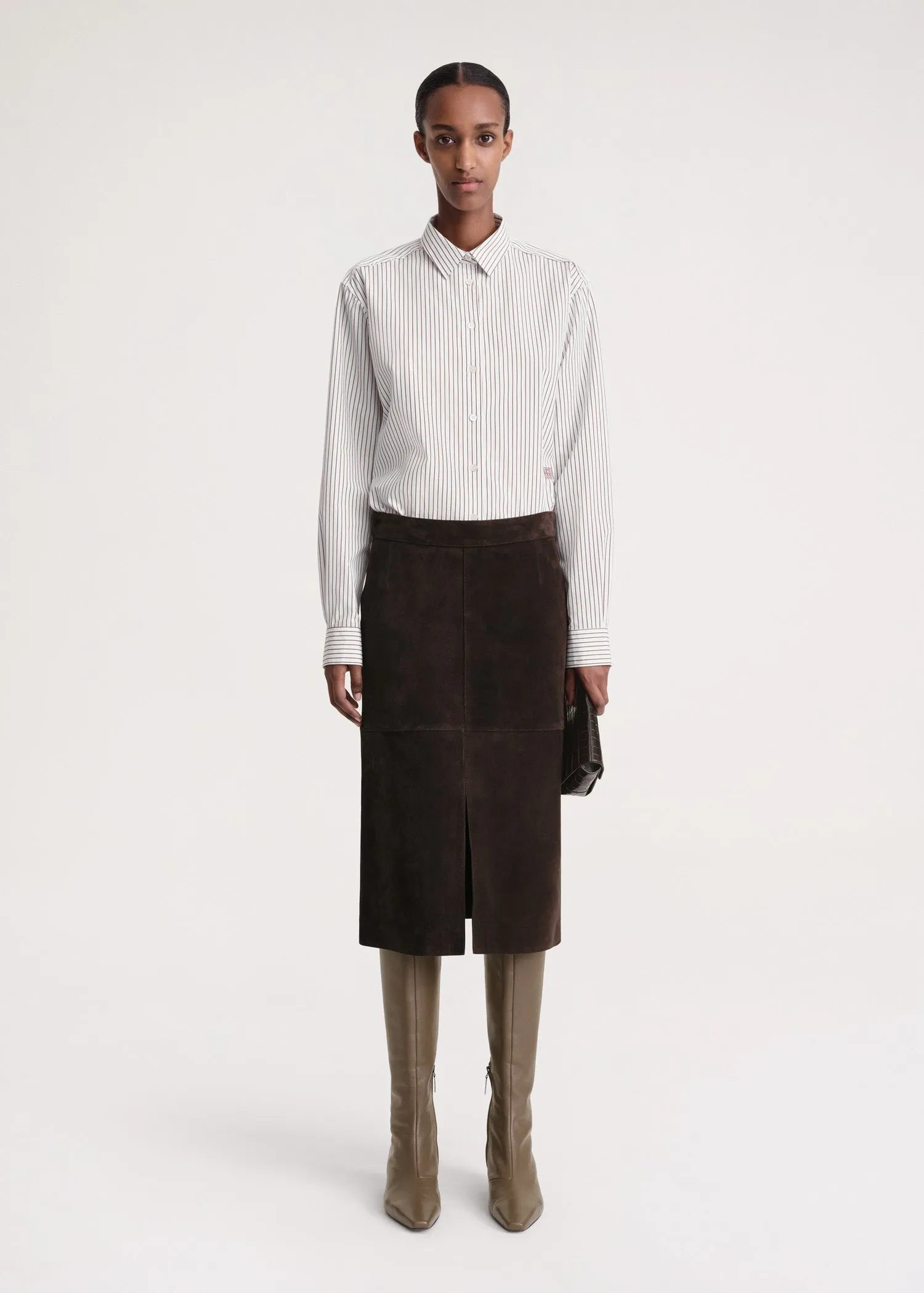 Paneled suede skirt chocolate sold by Toteme