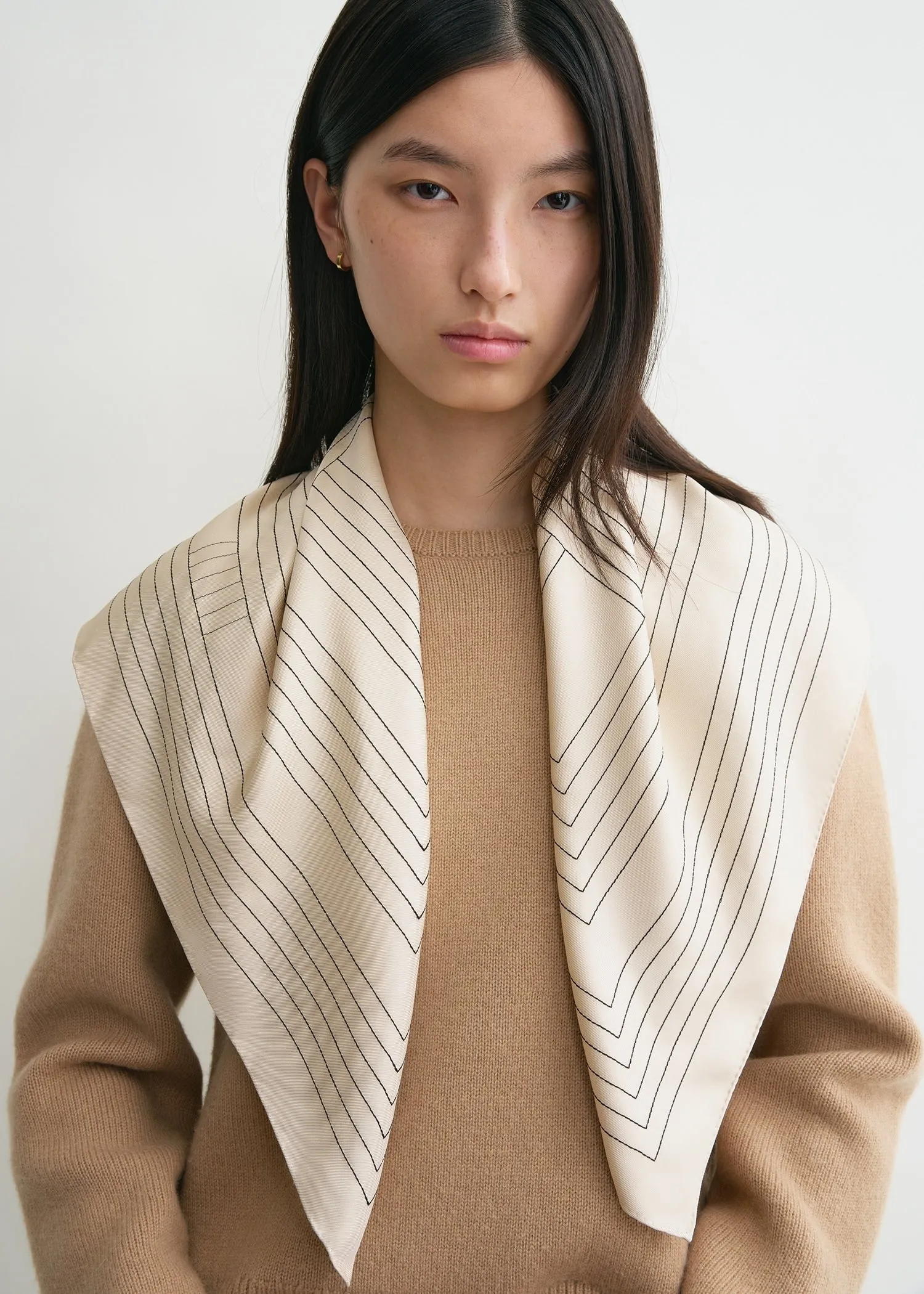 Striped embroidered monogram silk scarf creme sold by Toteme product image thumbnail 2