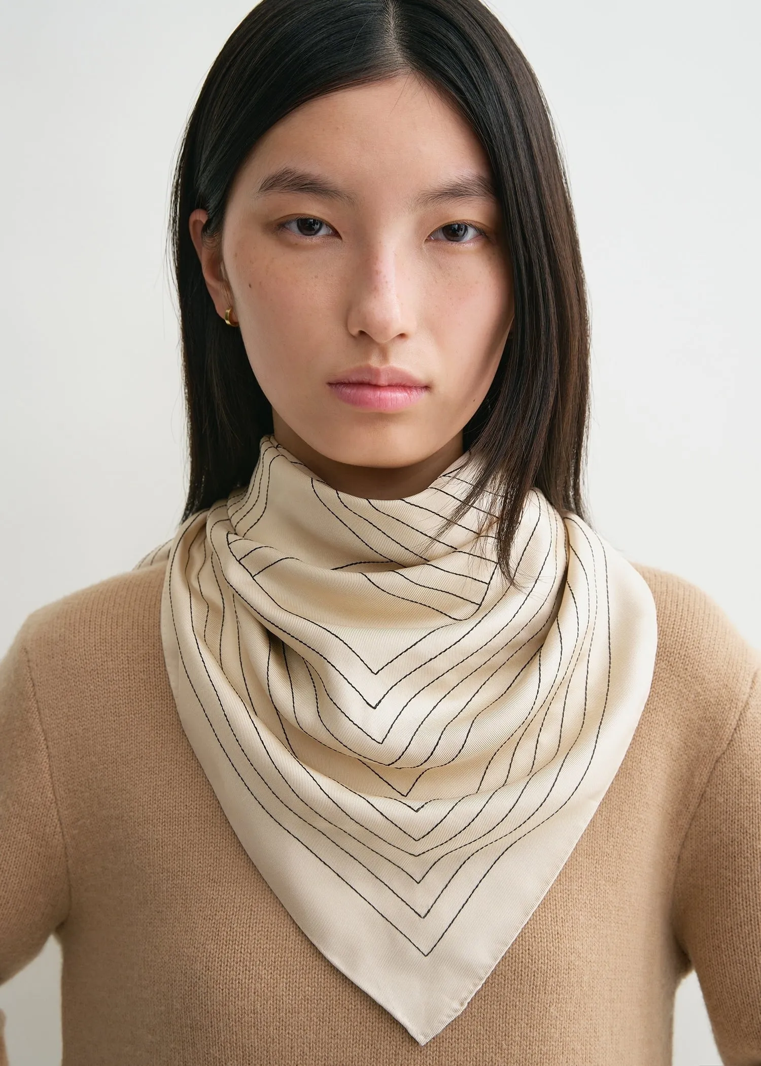 Striped embroidered monogram silk scarf creme sold by Toteme