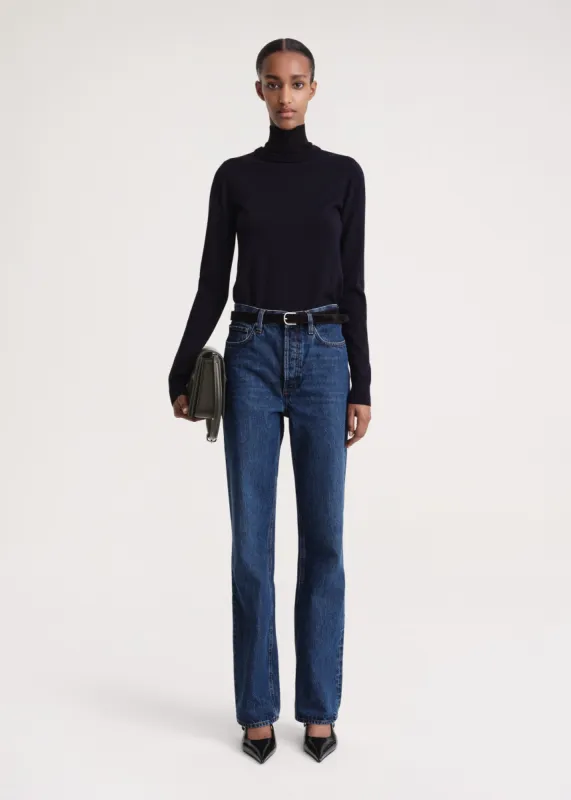 Two-tone turtleneck knit navy sold by Toteme