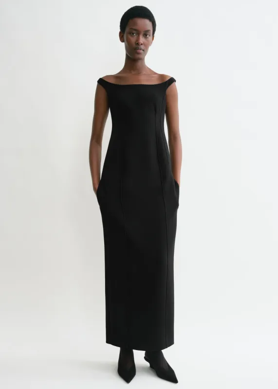 Curved off-shoulder dress black sold by Toteme