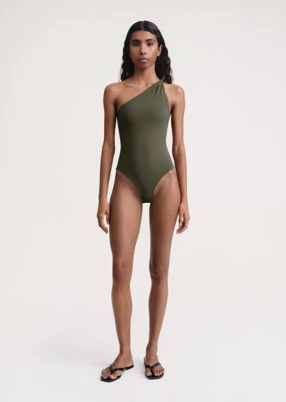 Twist-strap one-shoulder swimsuit faded olive made by Toteme