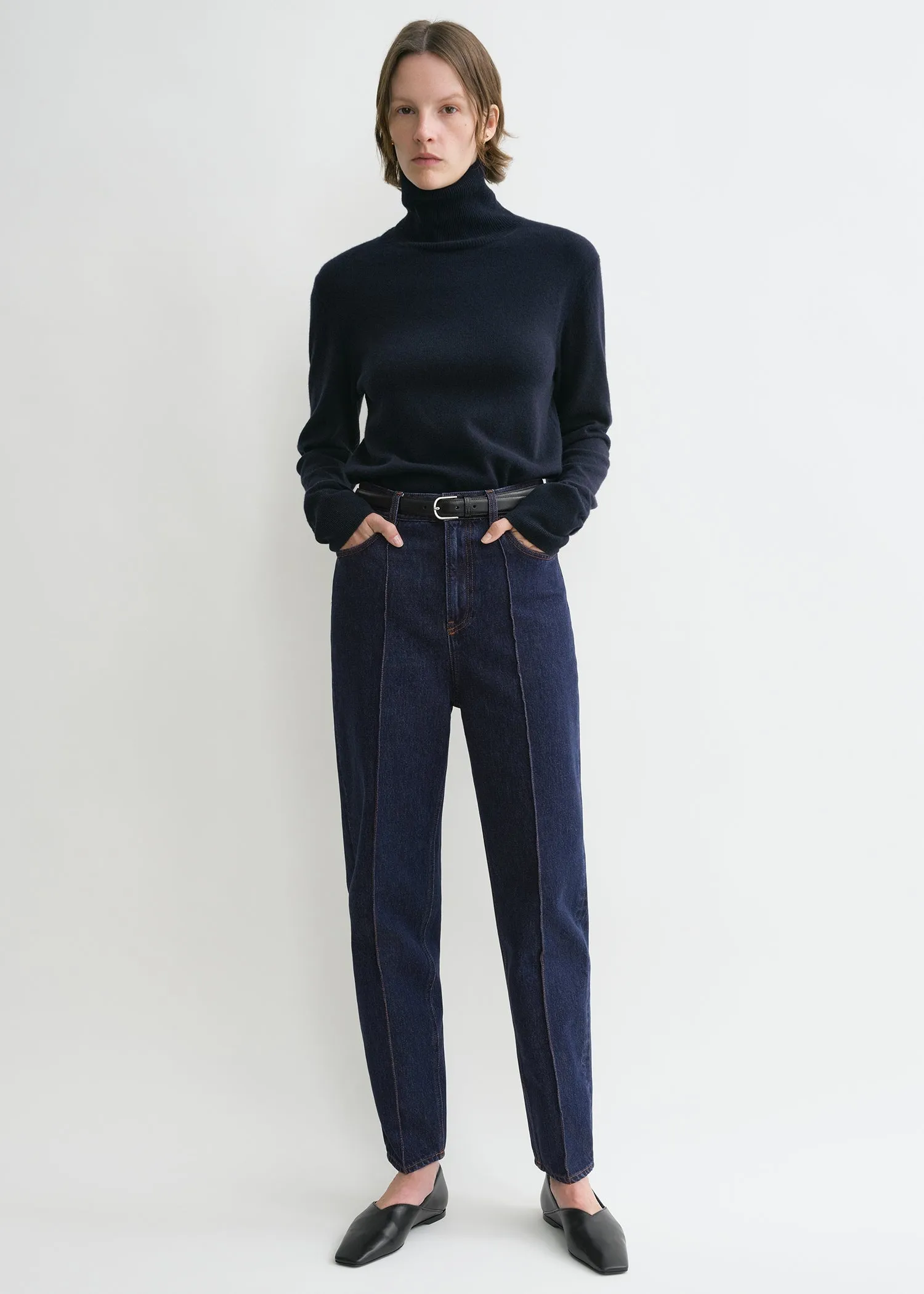 Tapered leg denim dark indigo sold by Toteme