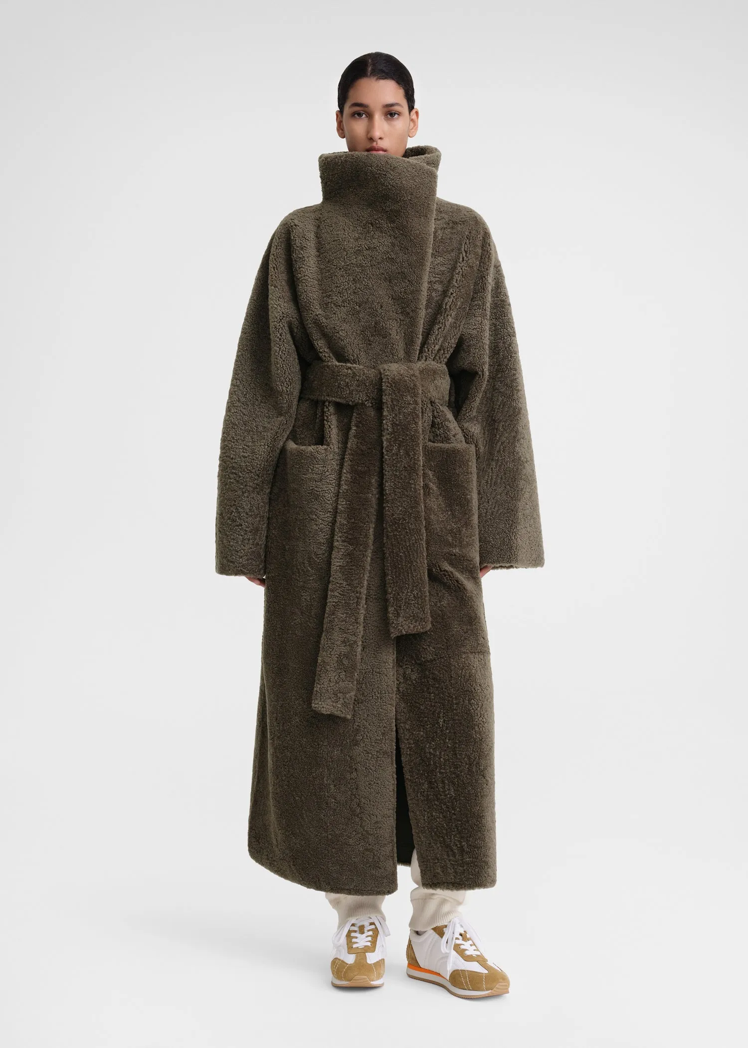Belted teddy shearling coat cement green sold by Toteme product image thumbnail 5