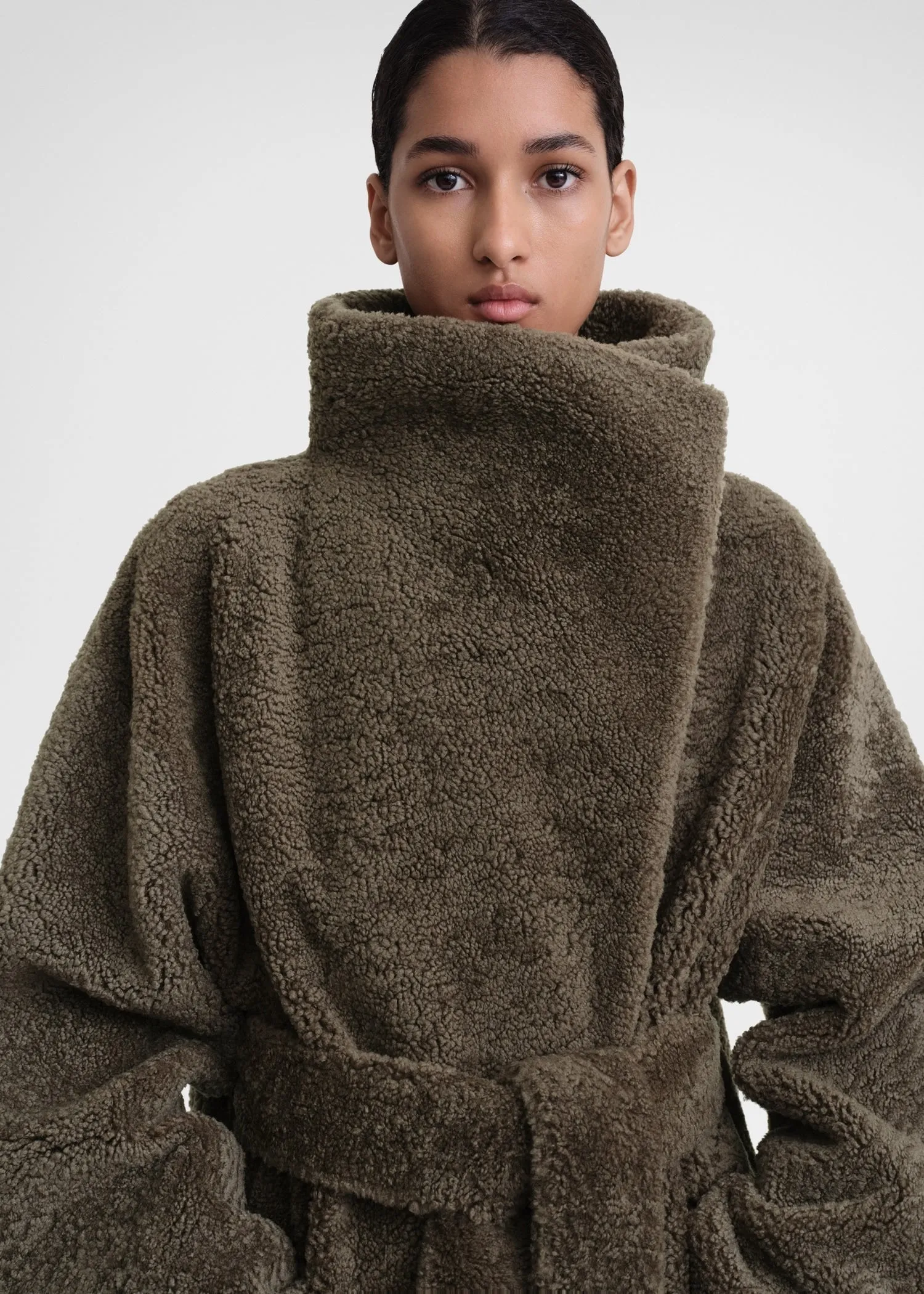 Belted teddy shearling coat cement green sold by Toteme product image thumbnail 4