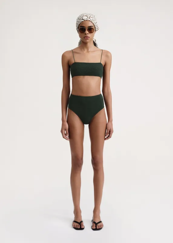 Smocked bikini top dark green sold by Toteme