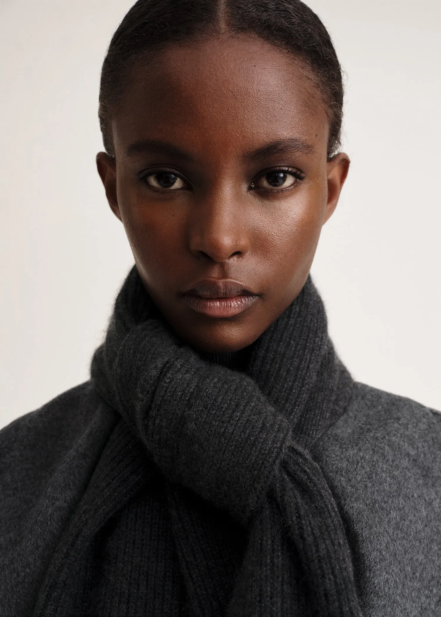 Embroidered monogram wool cashmere scarf dark grey mélange sold by Toteme product image thumbnail 5