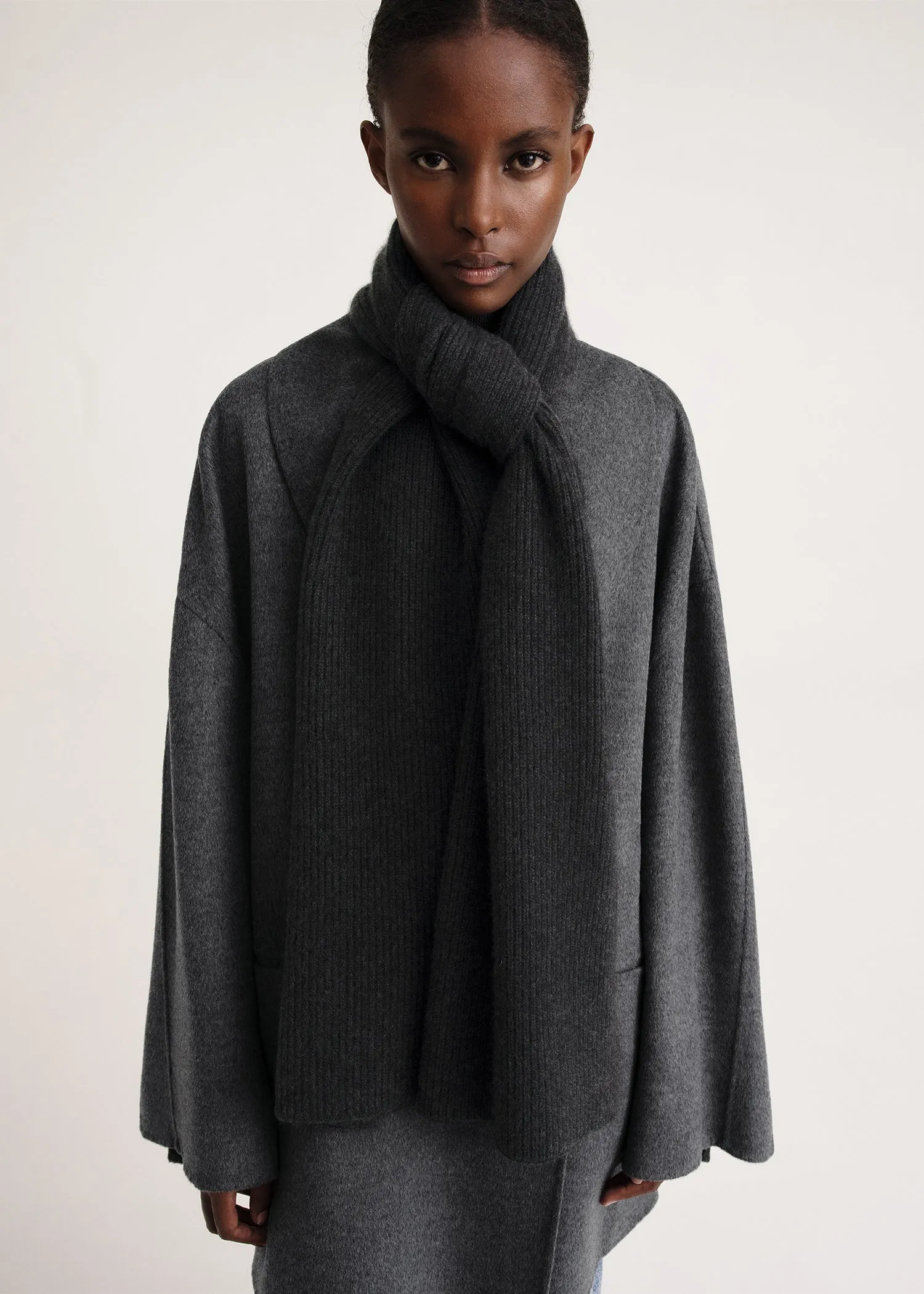 Embroidered monogram wool cashmere scarf dark grey mélange sold by Toteme product image thumbnail 3