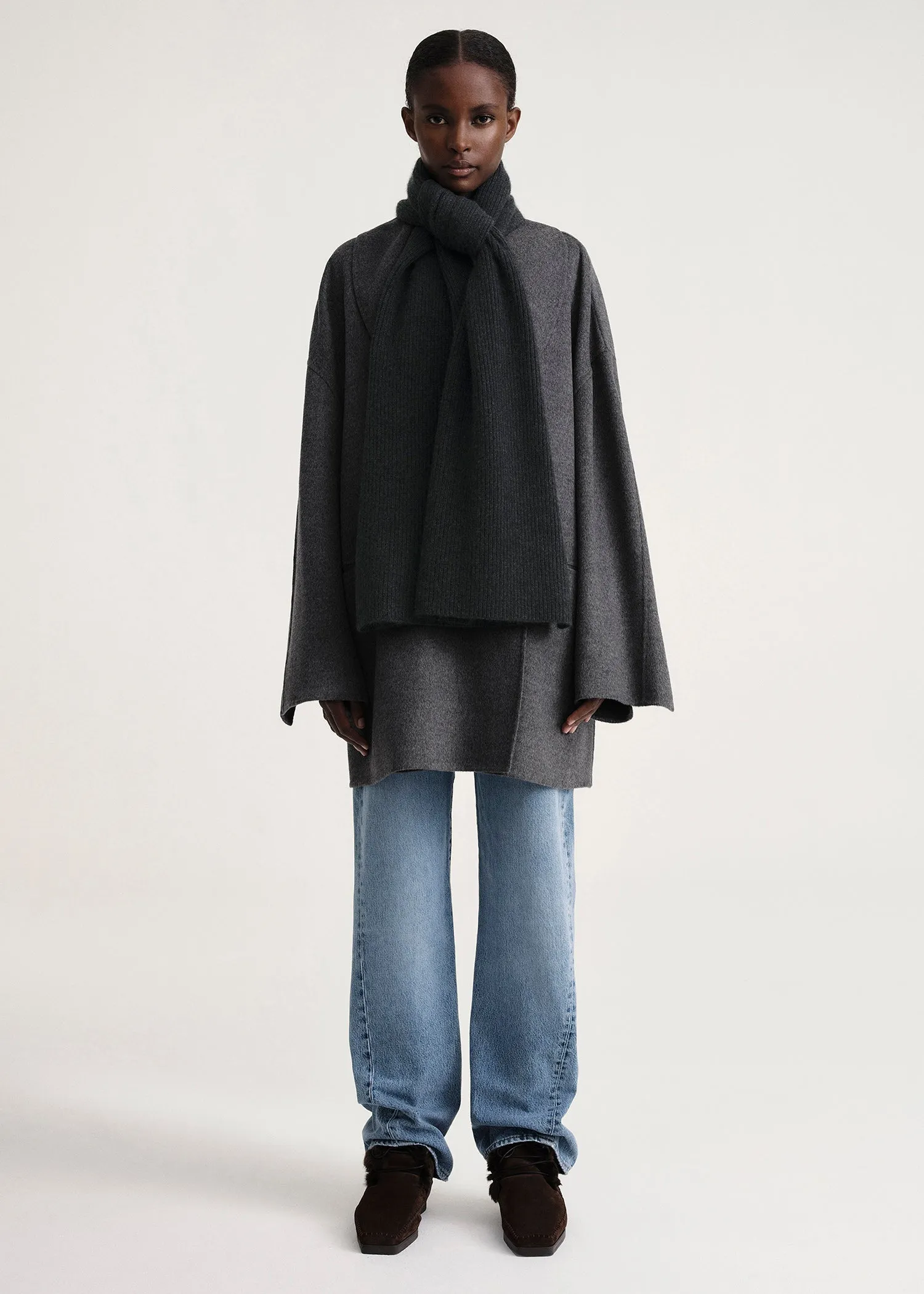 Embroidered monogram wool cashmere scarf dark grey mélange sold by Toteme product image thumbnail 2