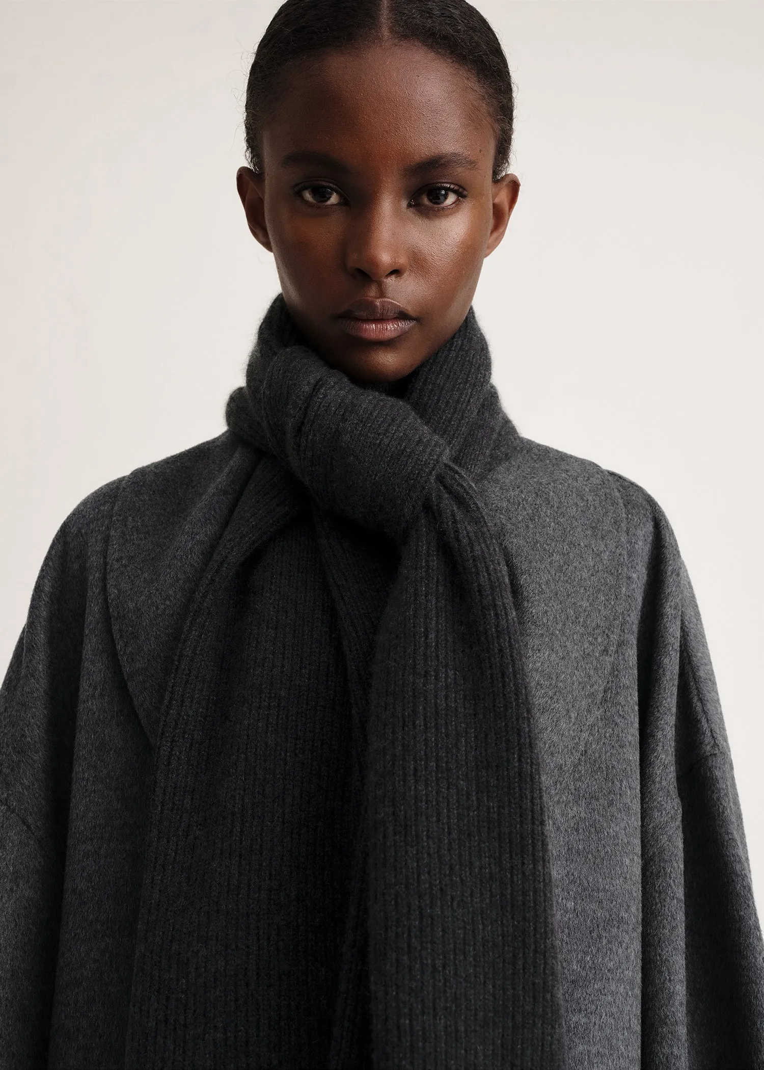 Embroidered monogram wool cashmere scarf dark grey mélange sold by Toteme product image thumbnail 4