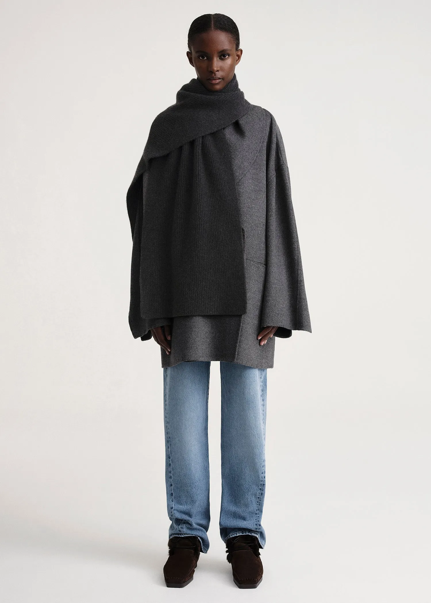 Embroidered monogram wool cashmere scarf dark grey mélange sold by Toteme