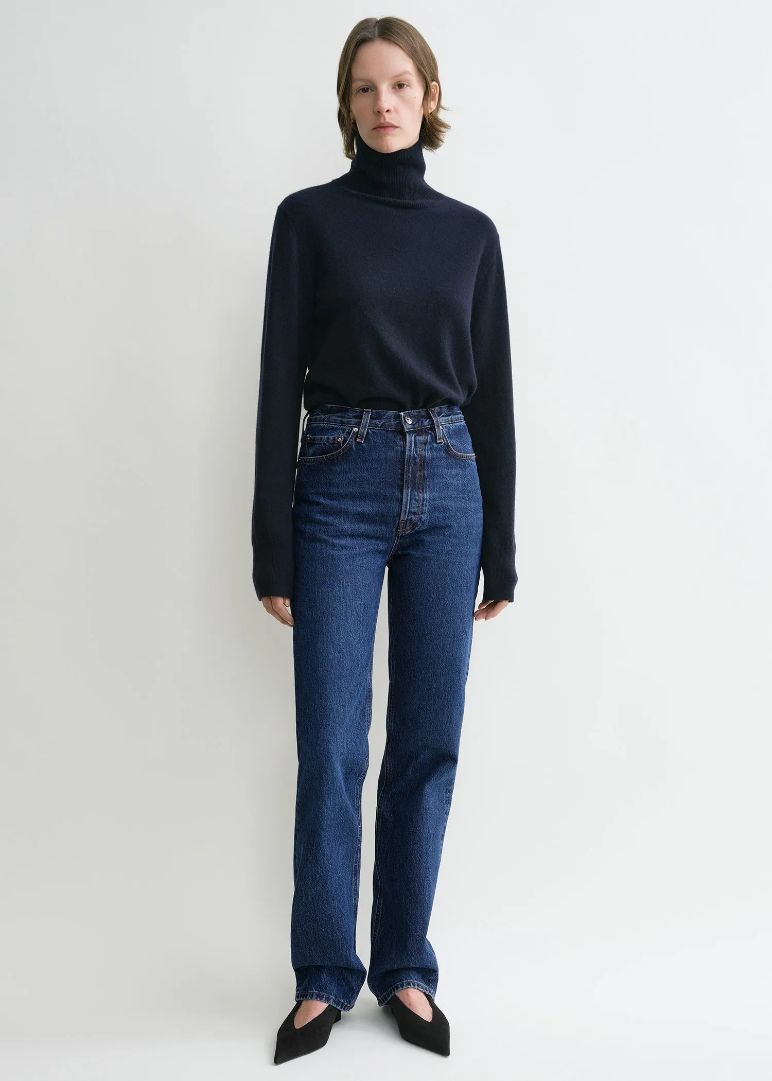 Classic cut denim full length dark blue sold by Toteme