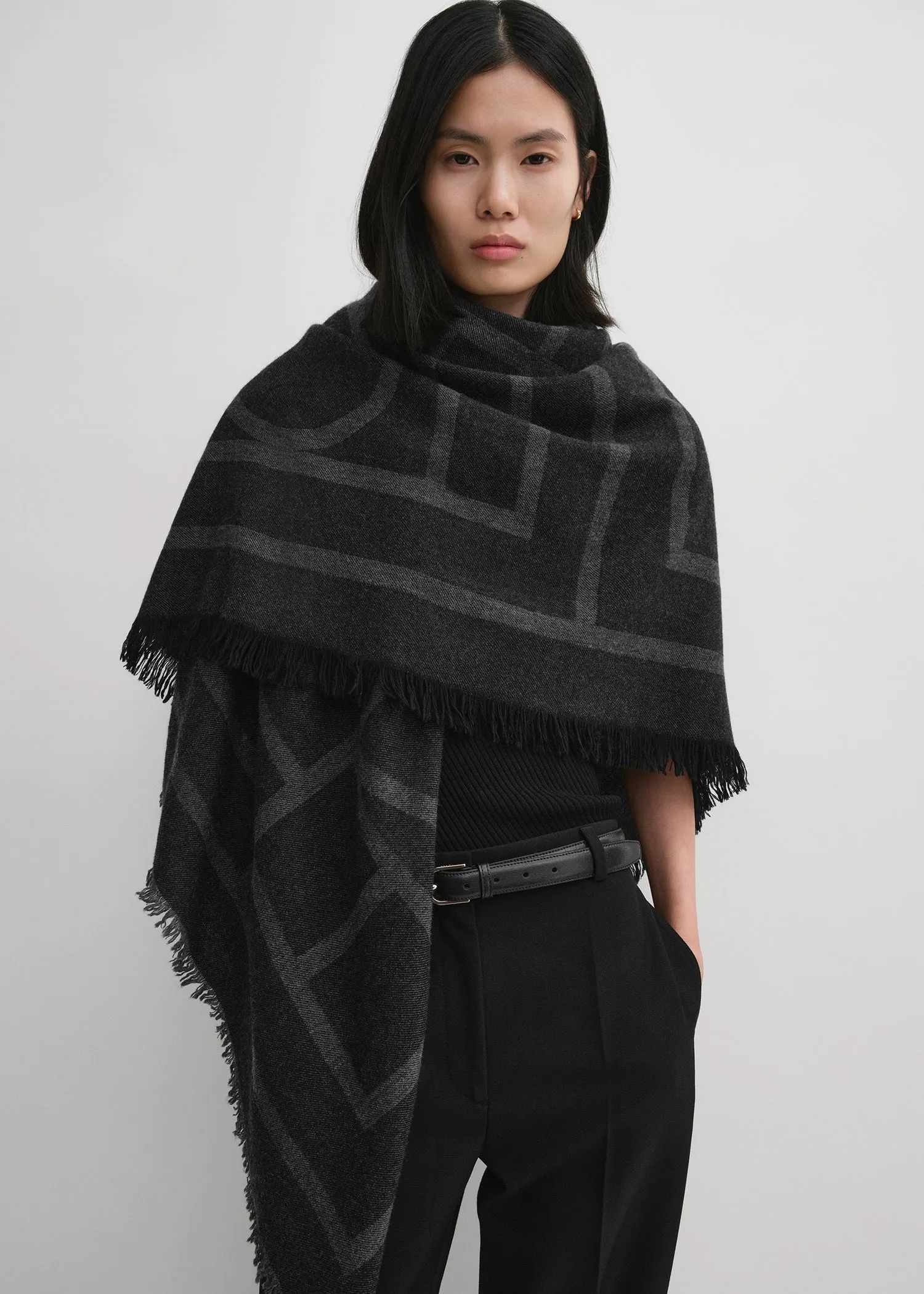 Monogram wool cashmere scarf dark grey sold by Toteme product image thumbnail 2