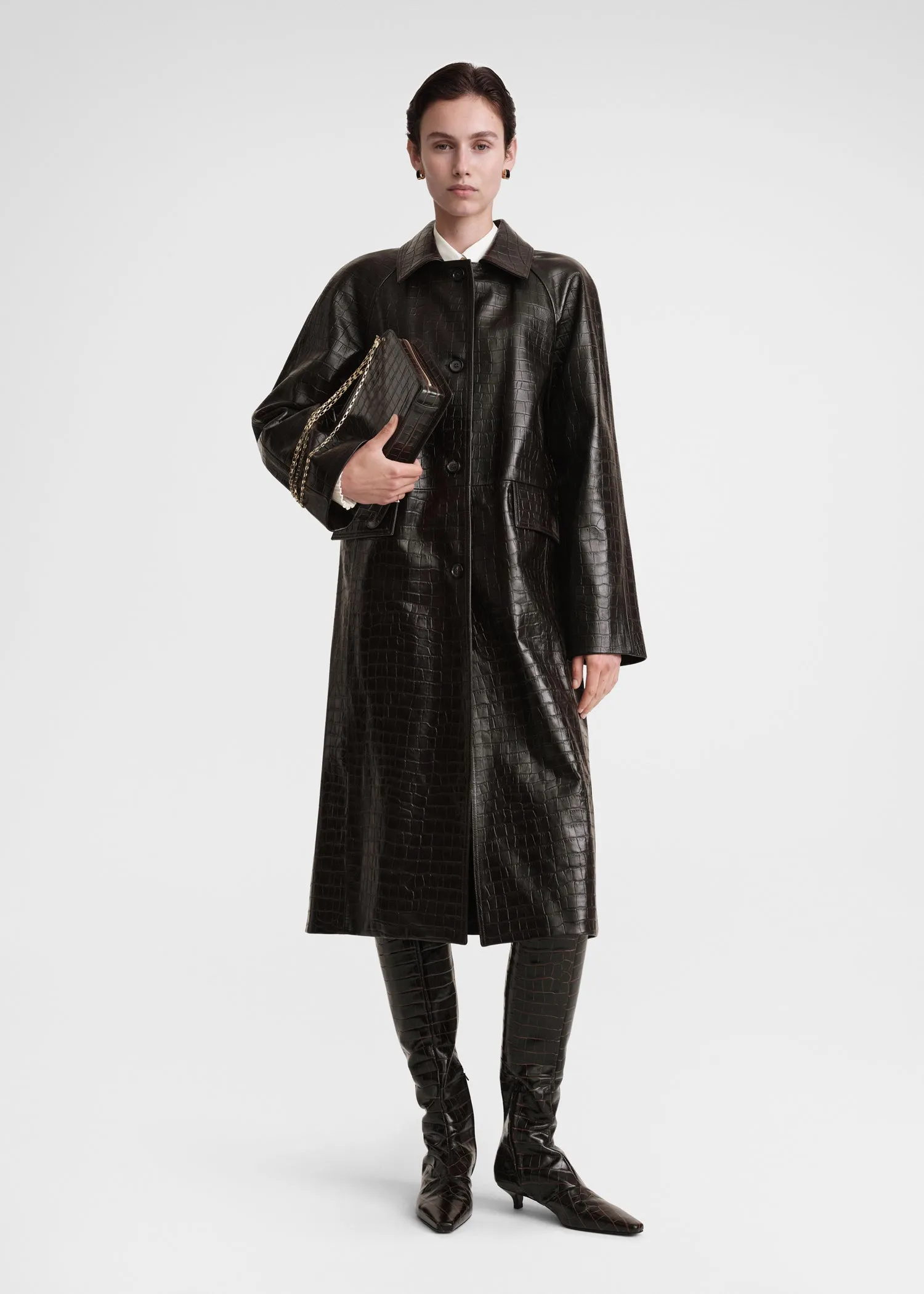 Raglan-sleeve croco embossed coat dark brown sold by Toteme