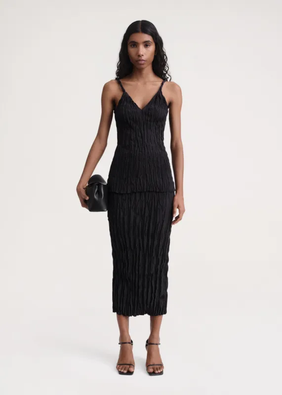 Twist-strap crinkled silk top black sold by Toteme