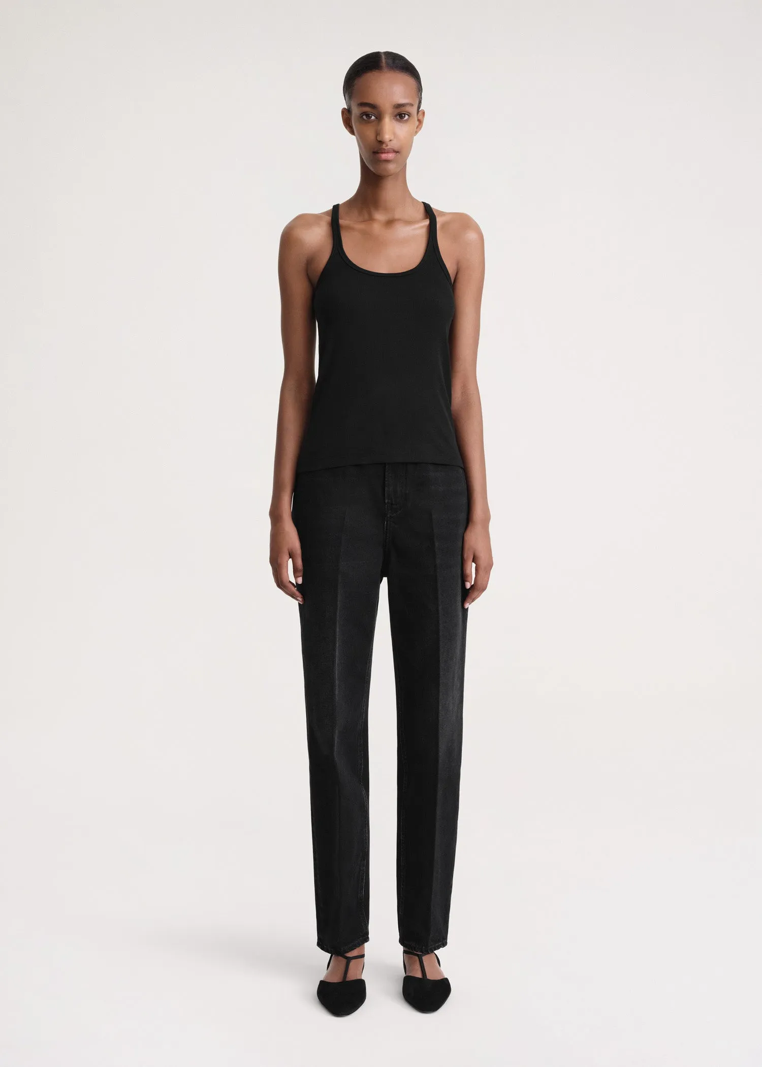 Scoop neck rib tank black sold by Toteme