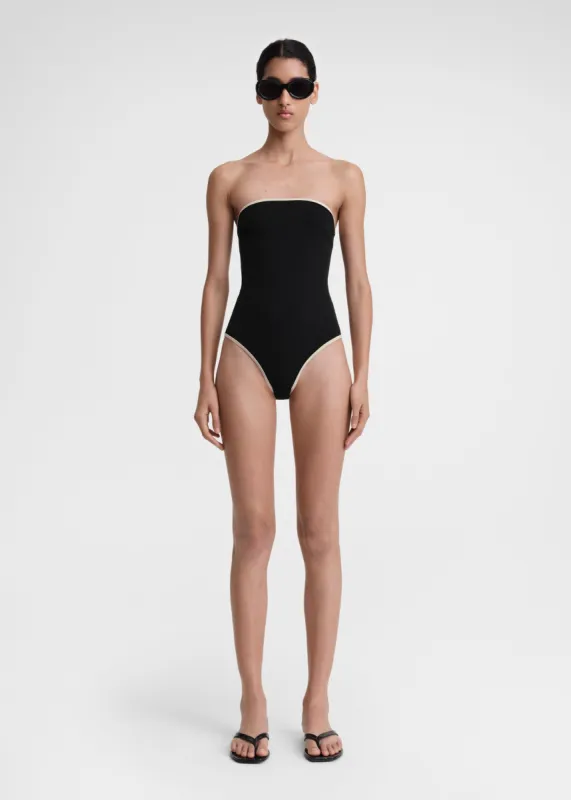Stripe edge strapless swimsuit black made by Toteme