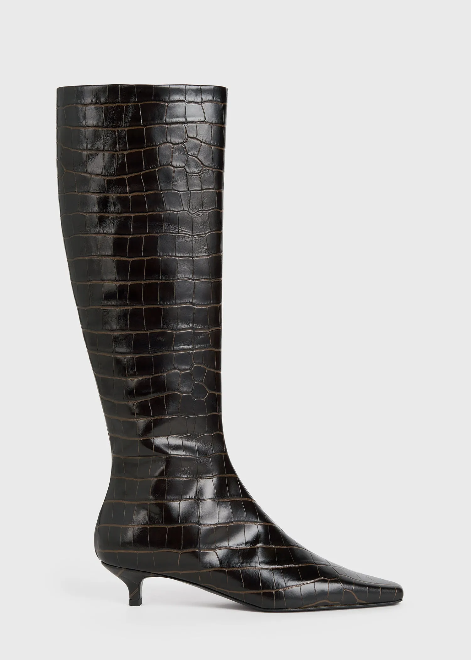 Slim croco-embossed knee-high boots dark brown sold by Toteme