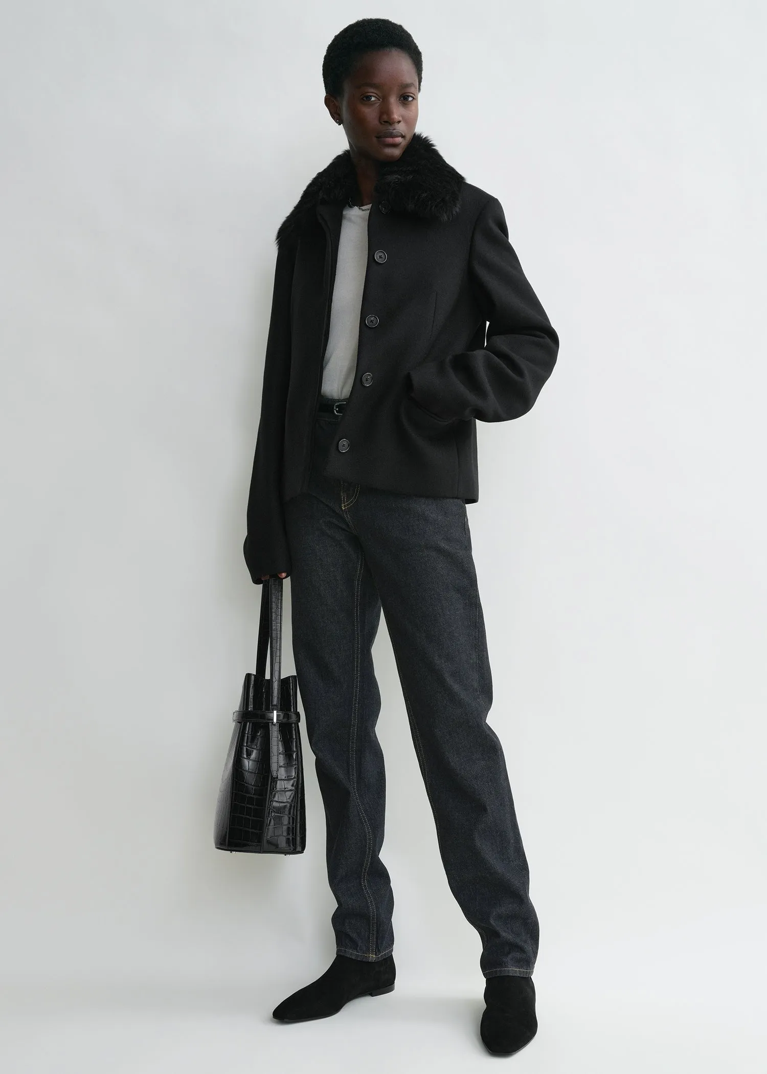 Shearling collar jacket black sold by Toteme