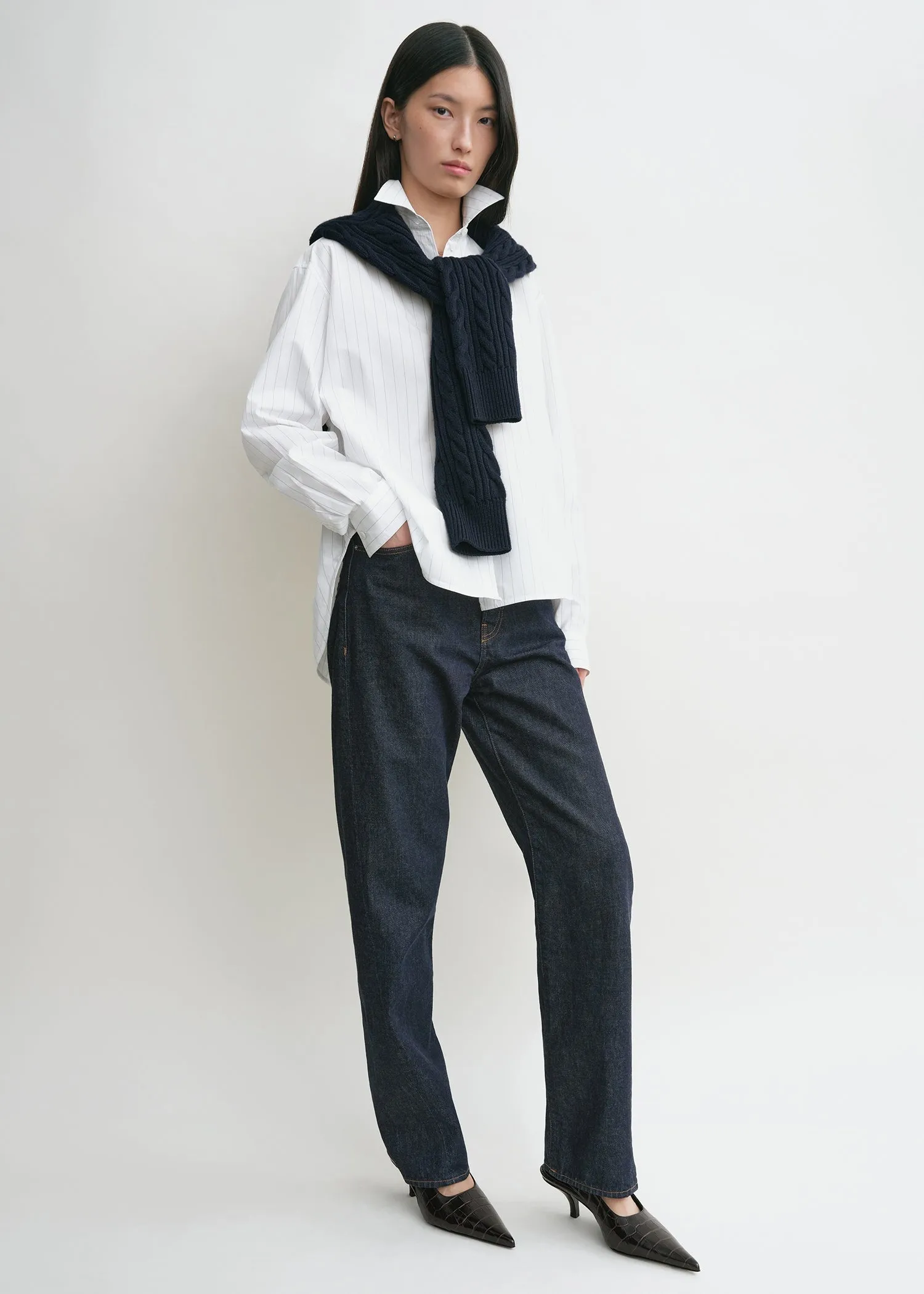 Monogram striped shirt white/cobalt pinstripe sold by Toteme