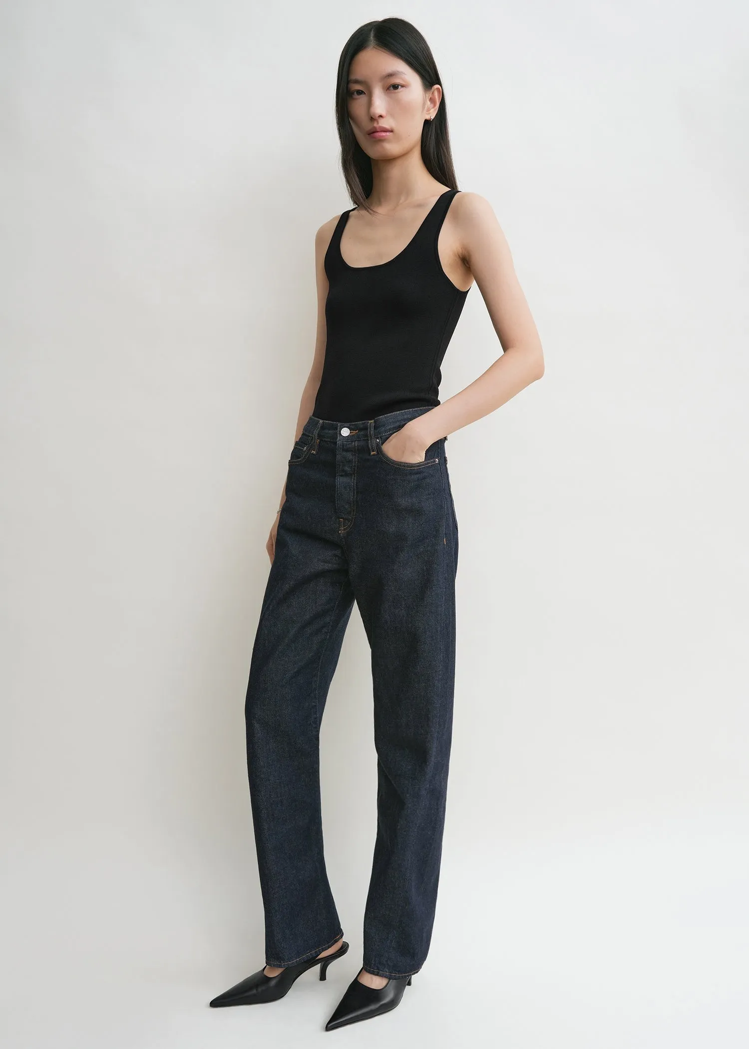 Twisted seam denim full length rinsed blue sold by Toteme