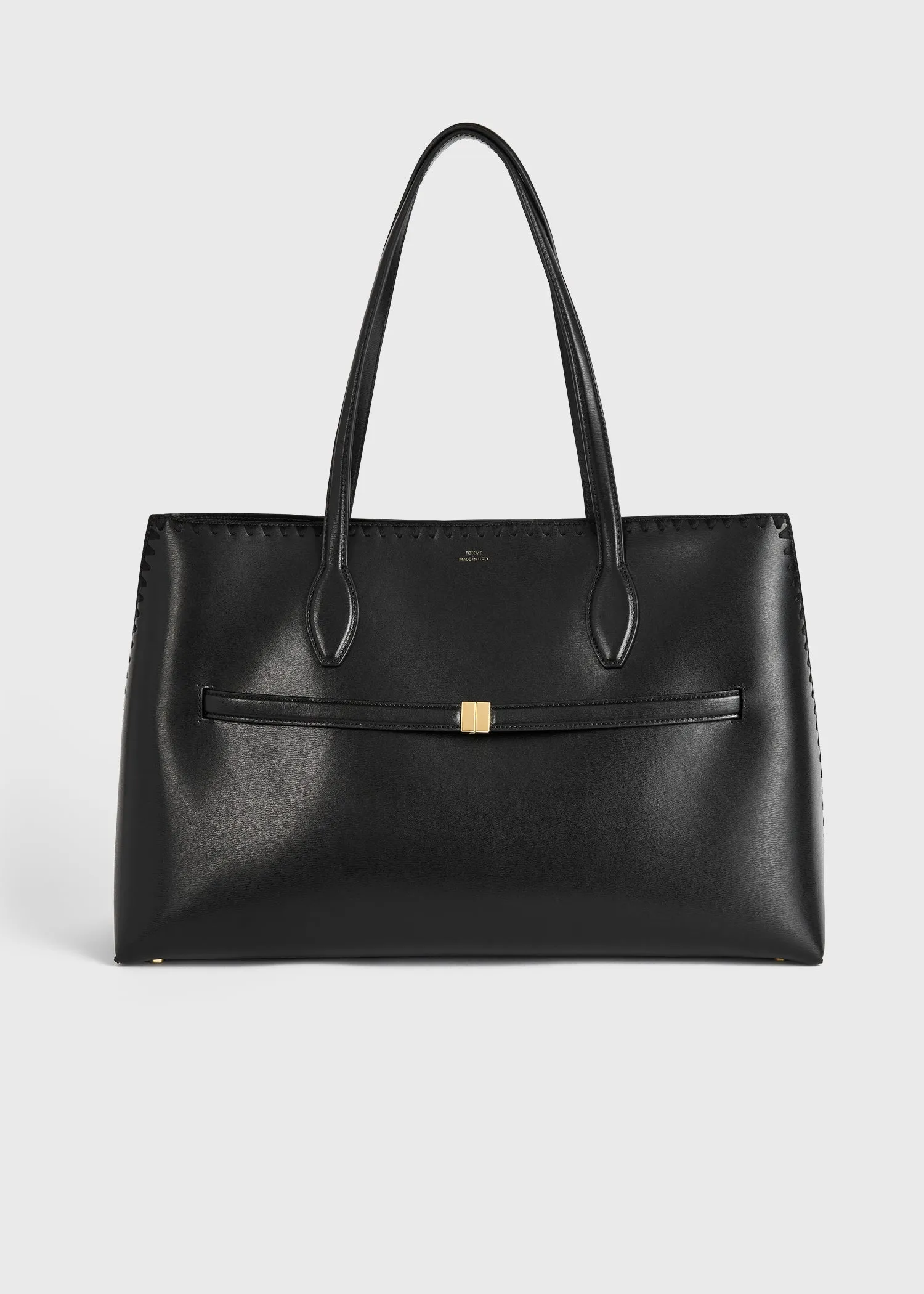 Embroidered leather lounge tote black sold by Toteme