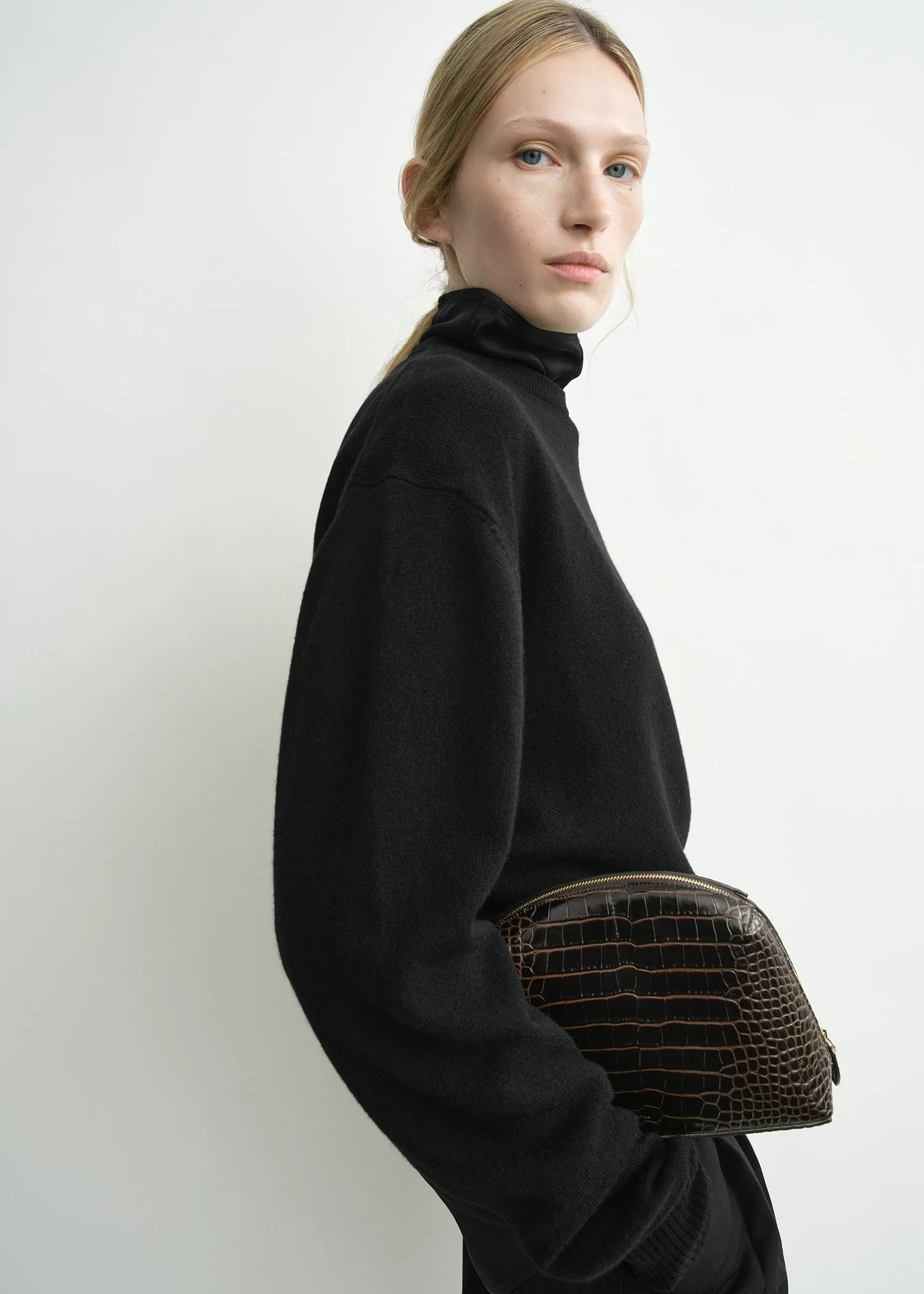 Medium croco-embossed day pouch dark brown sold by Toteme product image thumbnail 3