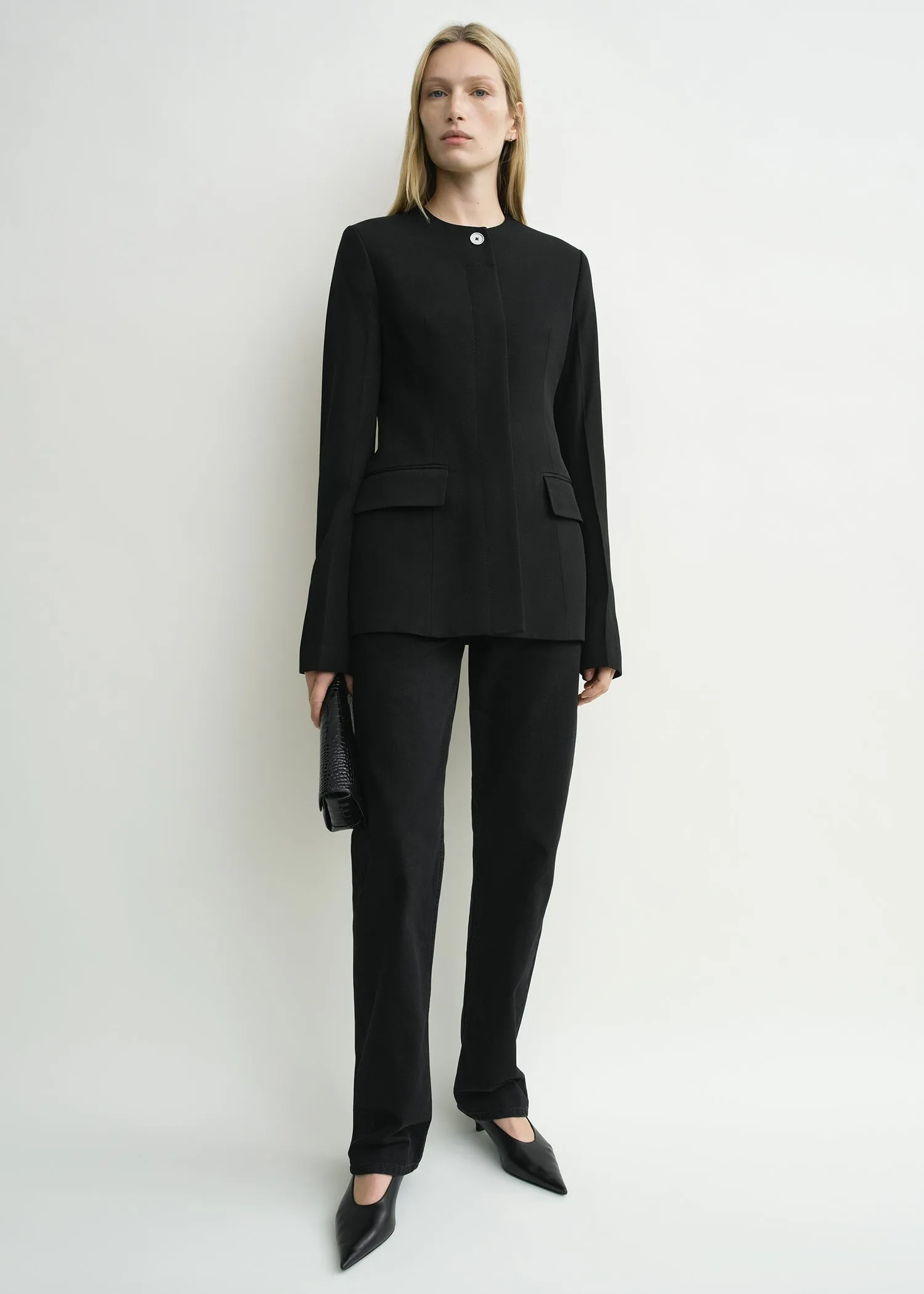Collarless evening jacket black sold by Toteme