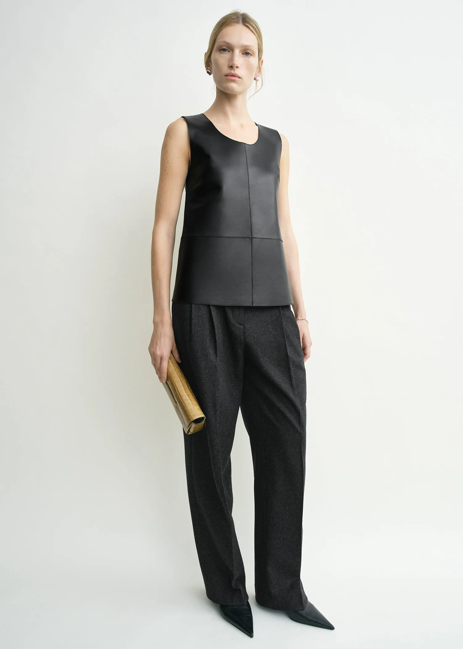 Scoop-neck leather top black sold by Toteme