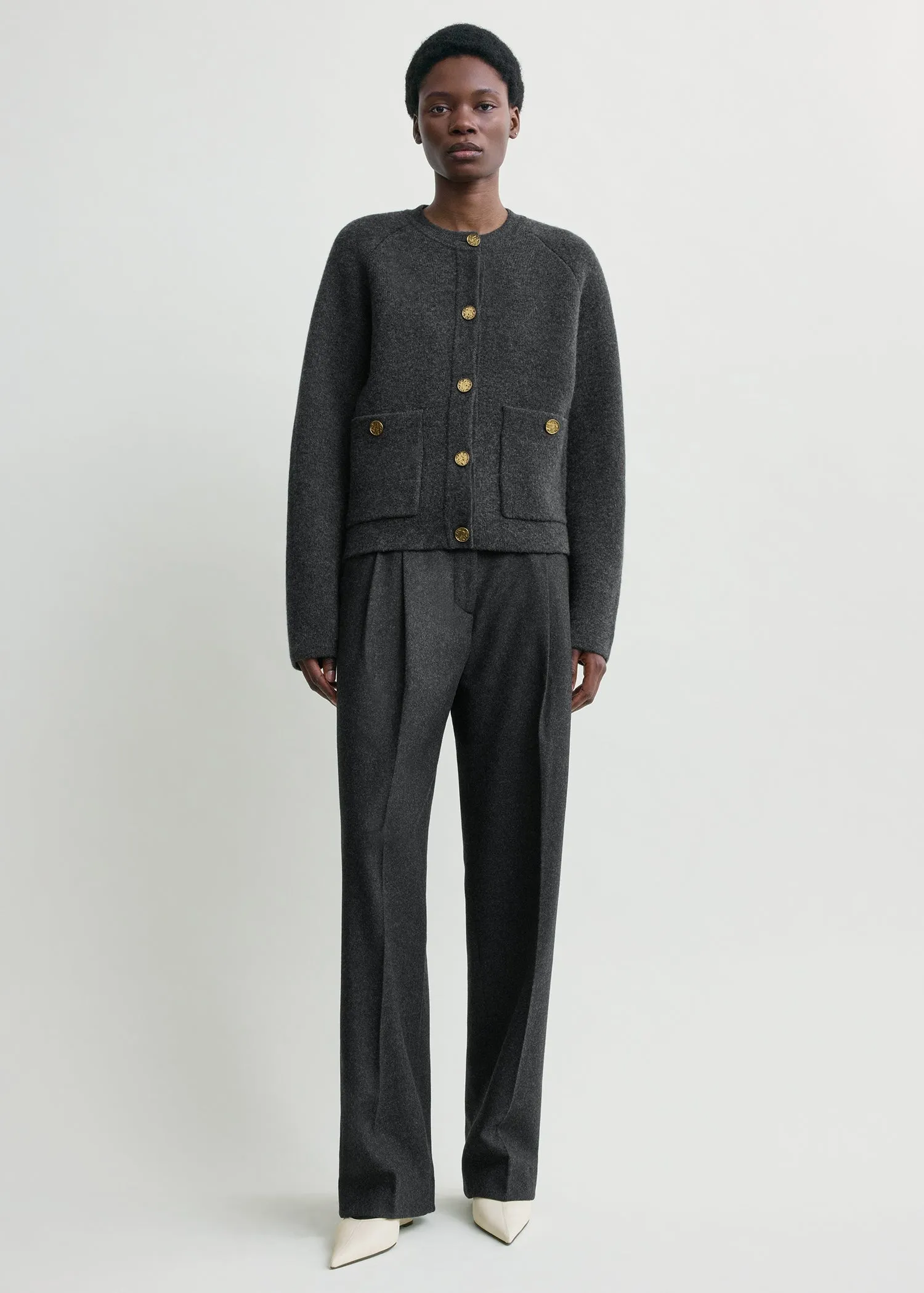 Hammered button cardigan charcoal sold by Toteme