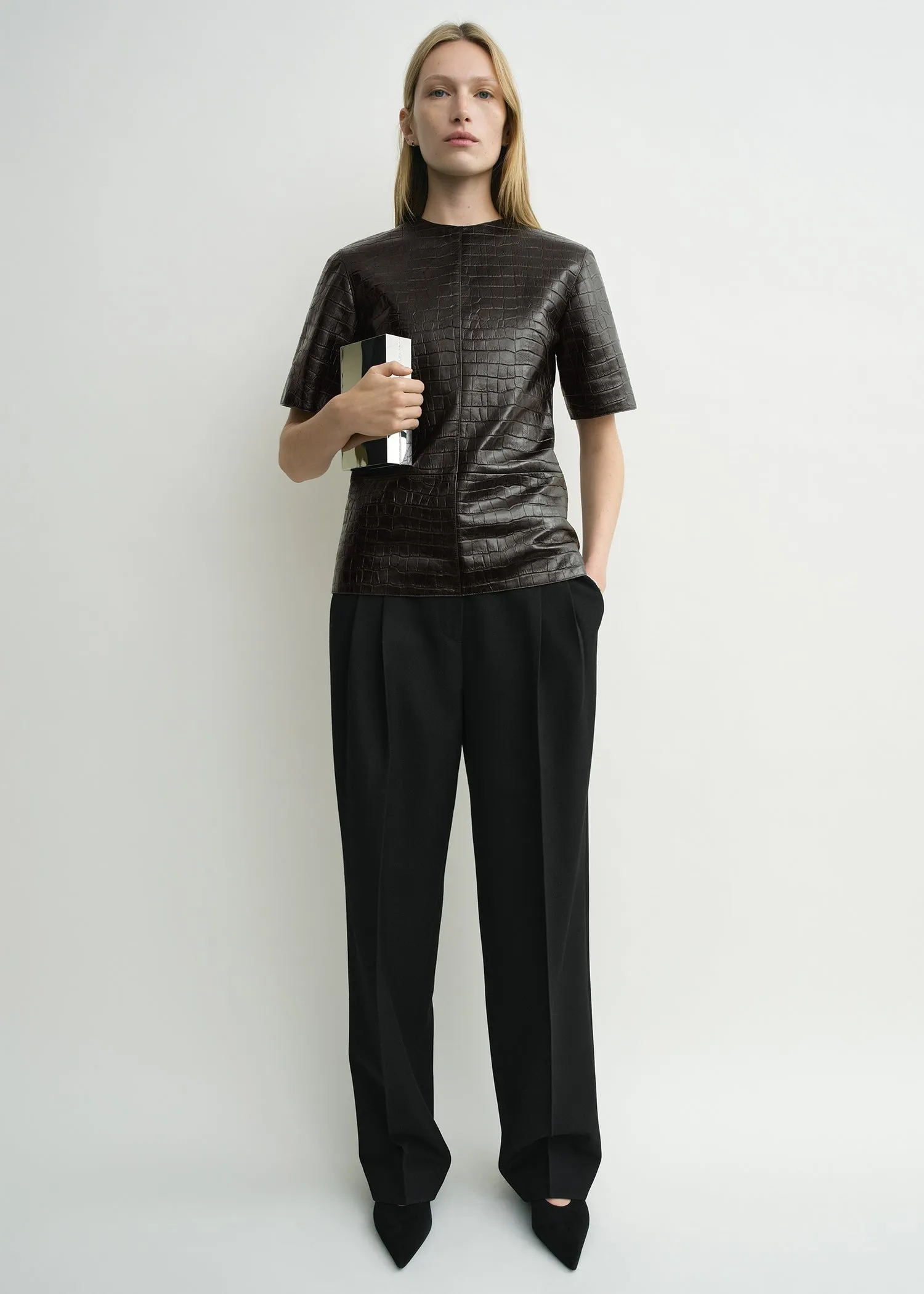 Croco-embossed tee dark brown sold by Toteme