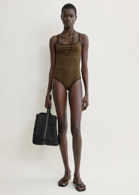Stripe edge swimsuit walnut made by Toteme