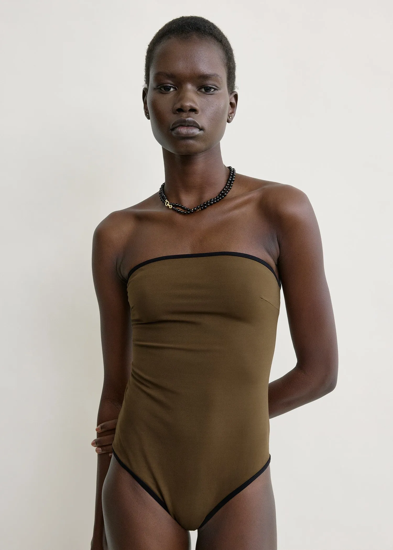 Stripe edge strapless swimsuit walnut sold by Toteme product image thumbnail 4