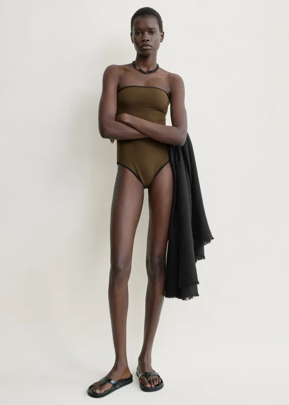 Stripe edge strapless swimsuit walnut made by Toteme