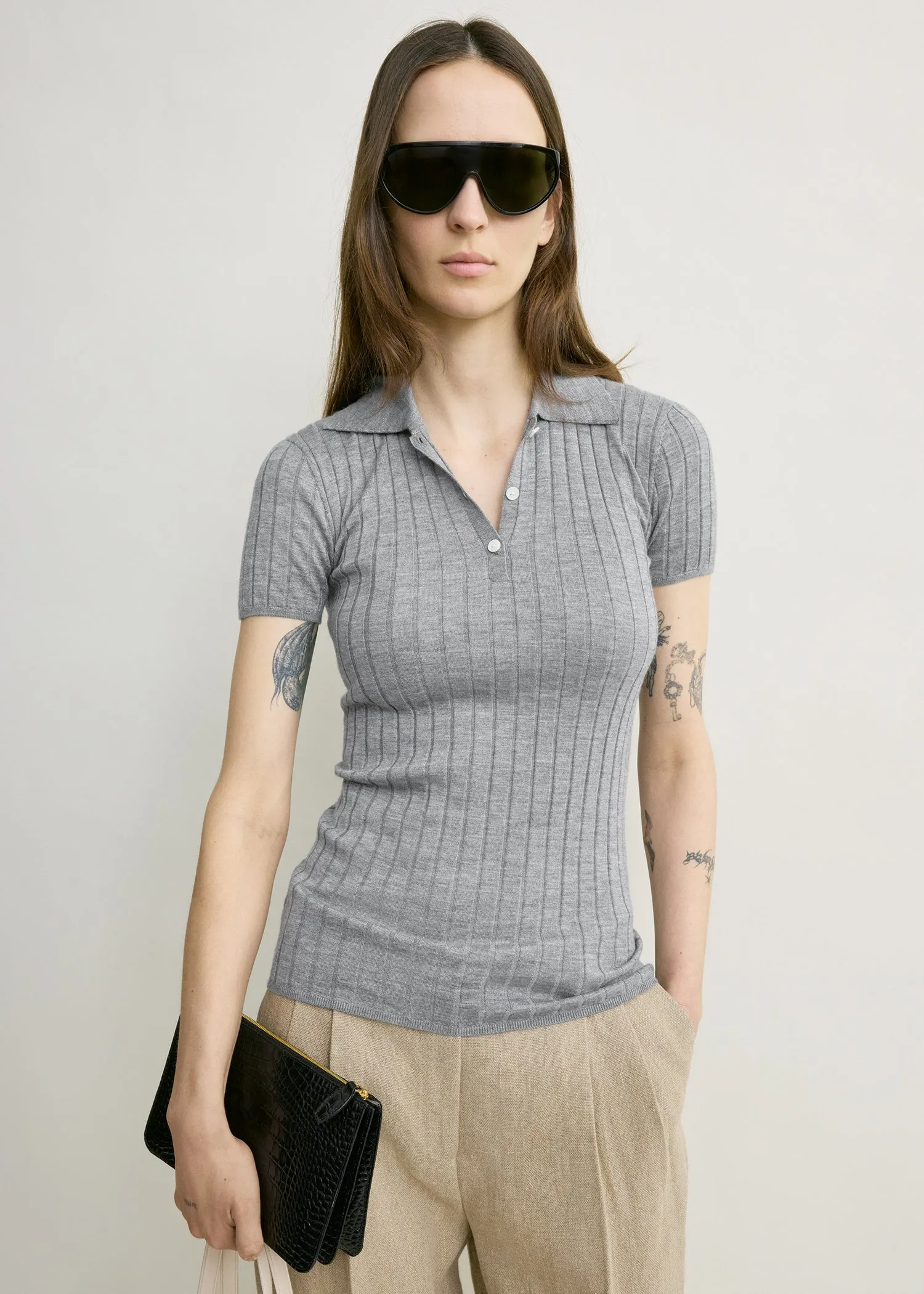 Ribbed cashmere silk polo grey melange sold by Toteme product image thumbnail 4