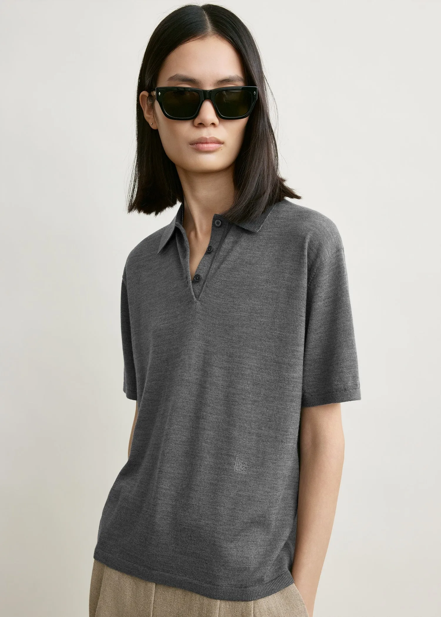 Wool-silk polo shirt grey melange sold by Toteme product image thumbnail 4