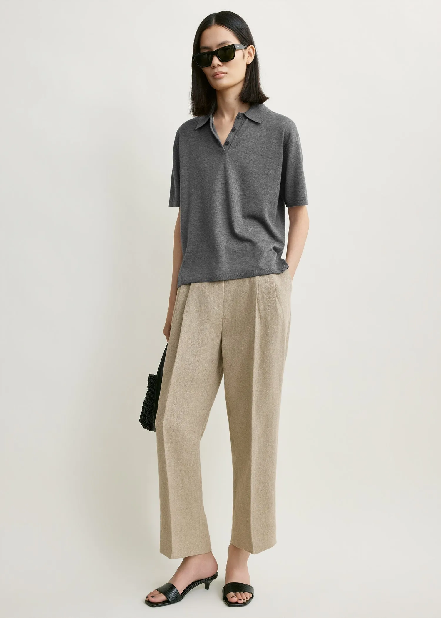 Wool-silk polo shirt grey melange sold by Toteme
