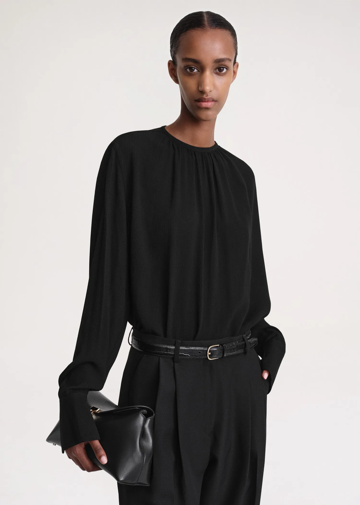 Gathered-neck crepe blouse black sold by Toteme product image thumbnail 4