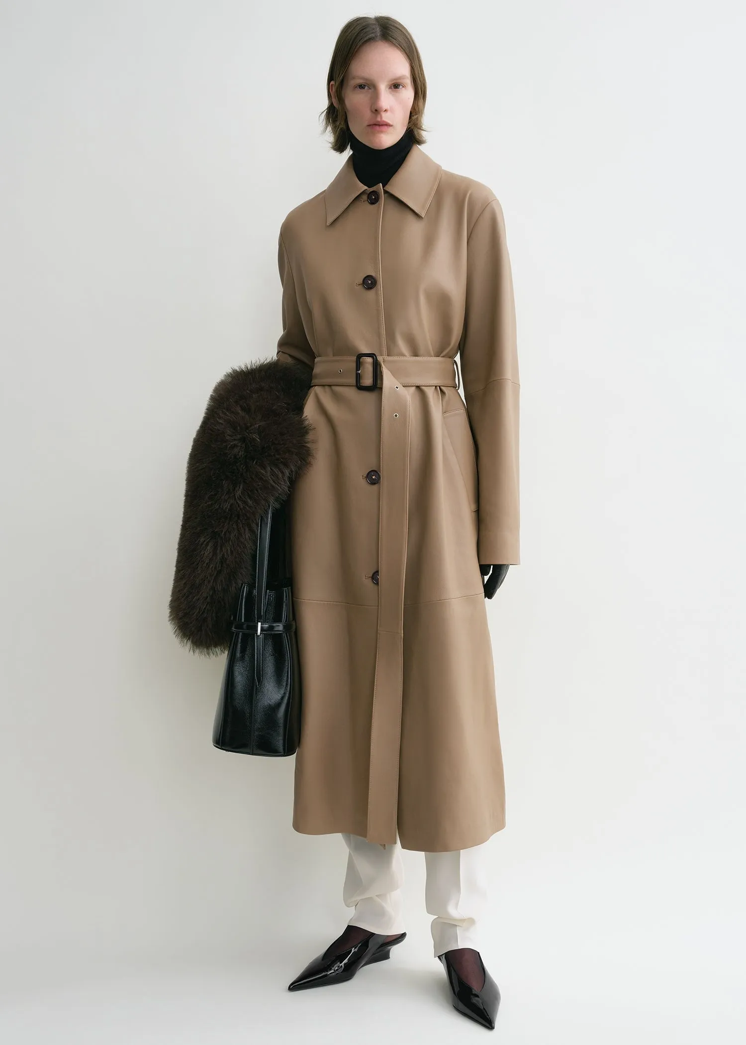 Belted leather coat truffle sold by Toteme