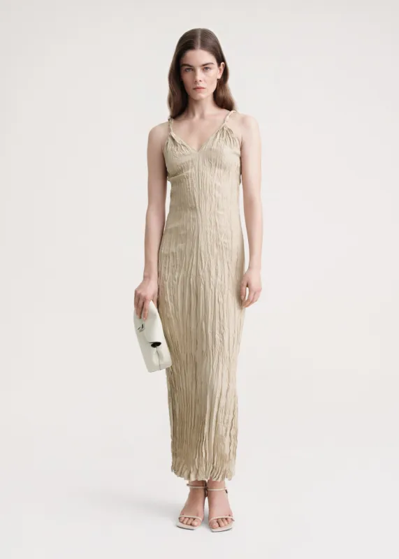 Twist-strap crinkled silk dress overcast beige made by Toteme